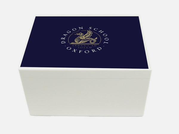 Dragon School School Memory Wood box - A4 Chest - Blue top - Personalised