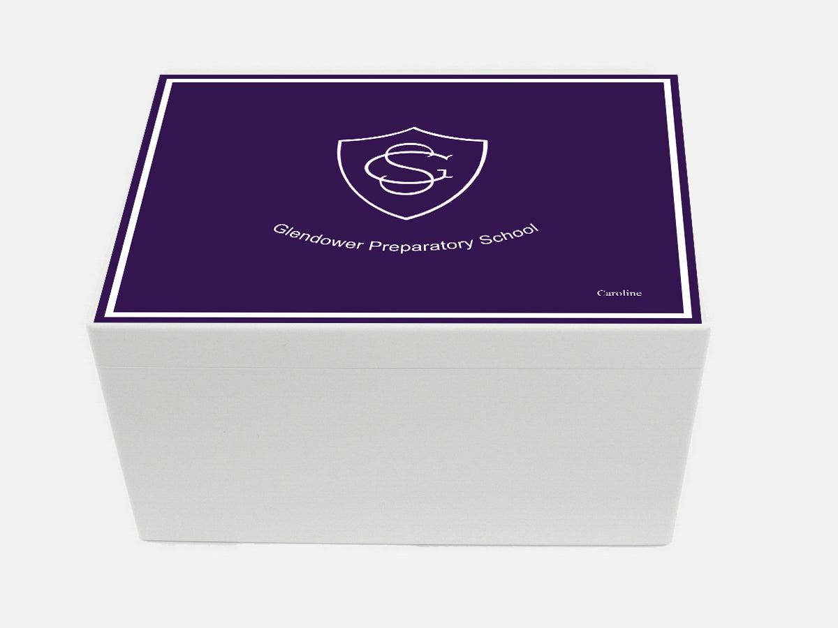 Glendower School Memory Wood Box - A4 Chest - Purple Top  with Border - Personalised