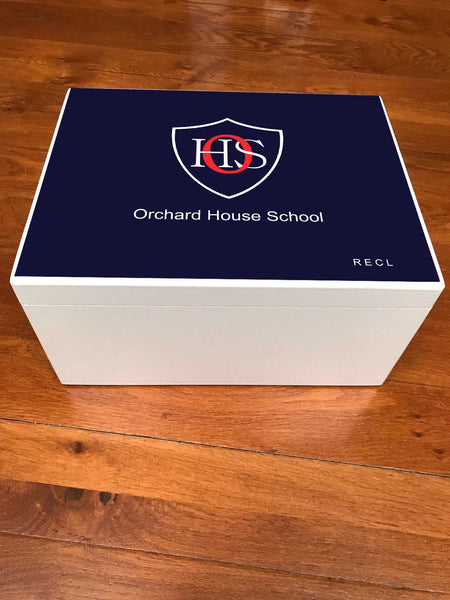 Orchard House School Memory Wood Box - A4 Chest - Dark blue top - Personalised