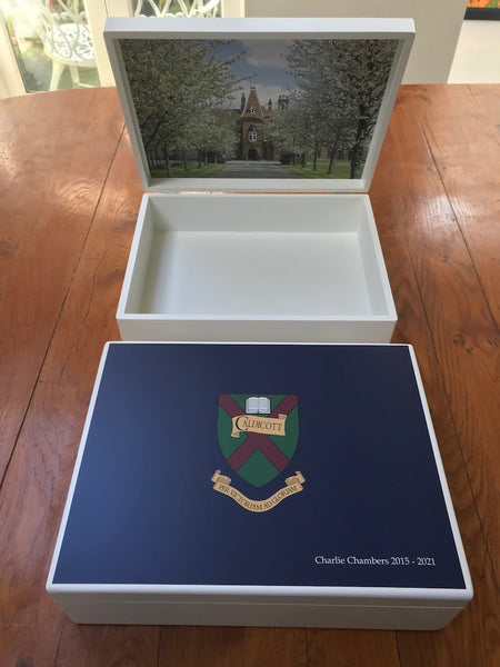 A4 Box - Caldicott School Memory Wood Box - Blue - Personalised