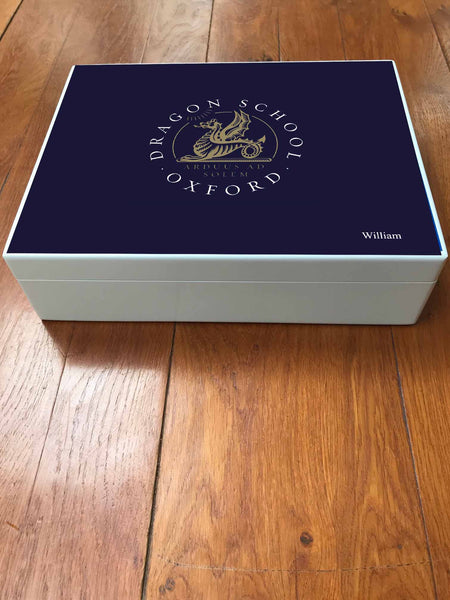 Dragon School School Memory Wood box  - A4 Box - blue top - Personalised