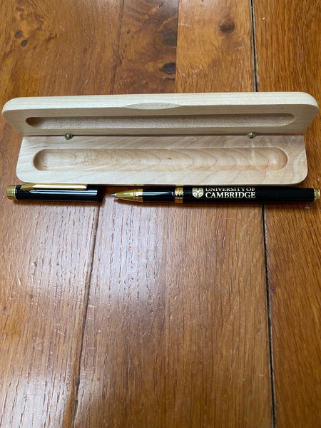 100 x Engraved University of Cambridge Black/Brass Rollerball Pen with Cambridge Maple Pen Case|Boxes You Design