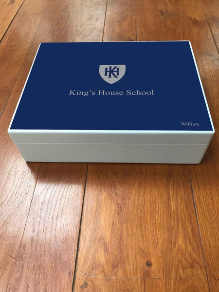 King's House School Memory Wood Box - A4 Box - Royal blue top - Personalised