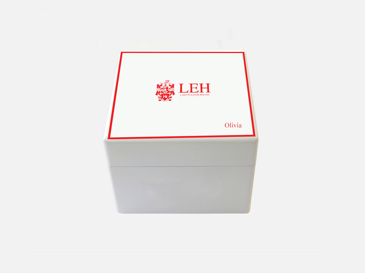 Small square  Lady Eleanor Holles (LEH)School Memory wood box - Personalise with a name- Red border top - 125 x 125 x 100 mm