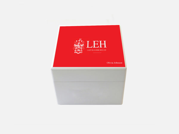 Small square Lady Eleanor Holles (LEH)School Memory wood box - Personalise with a name - Red top-125 x 125 x 100 mm