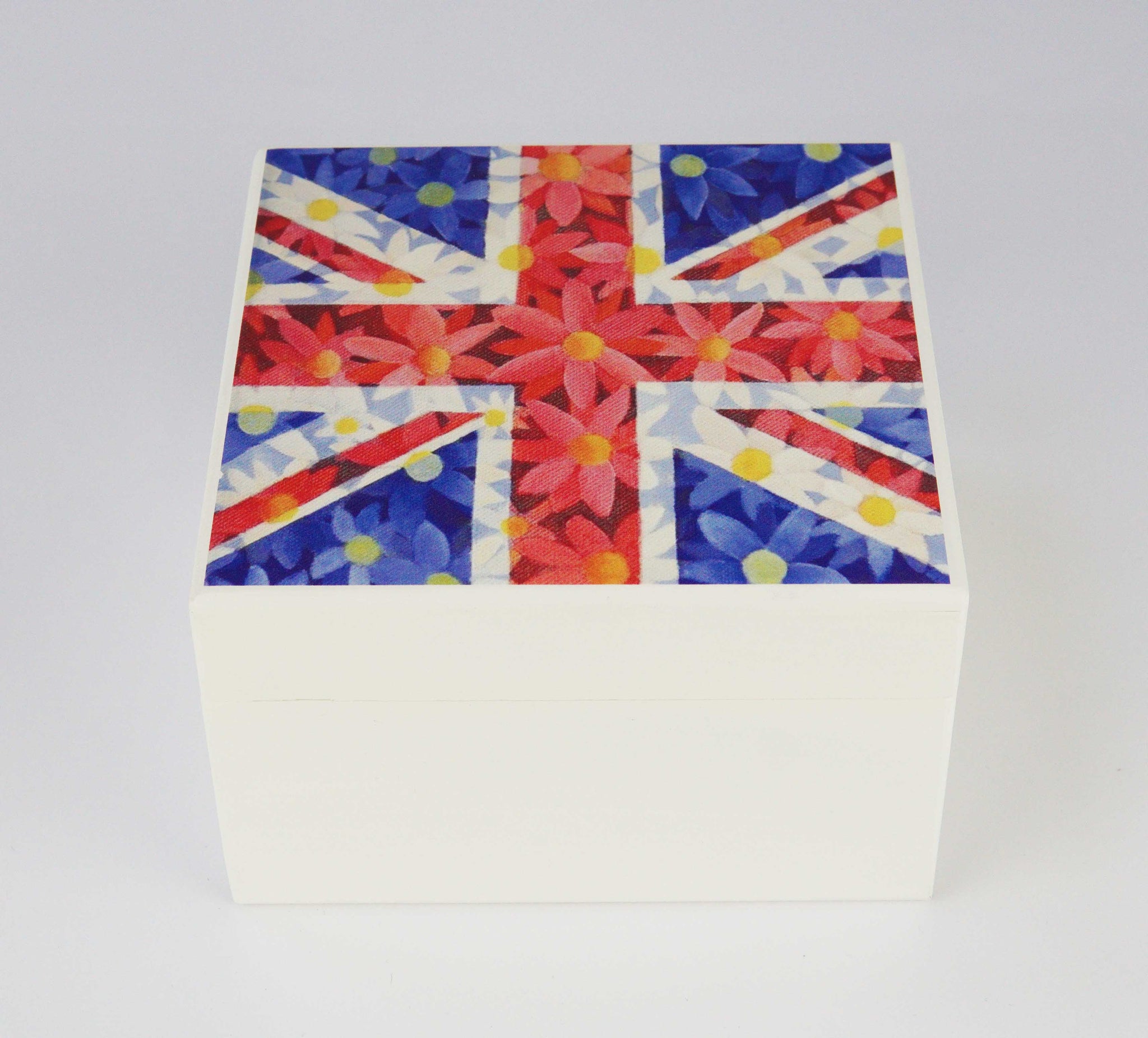White Union Jack Daisie Square Wooden Trinket Box