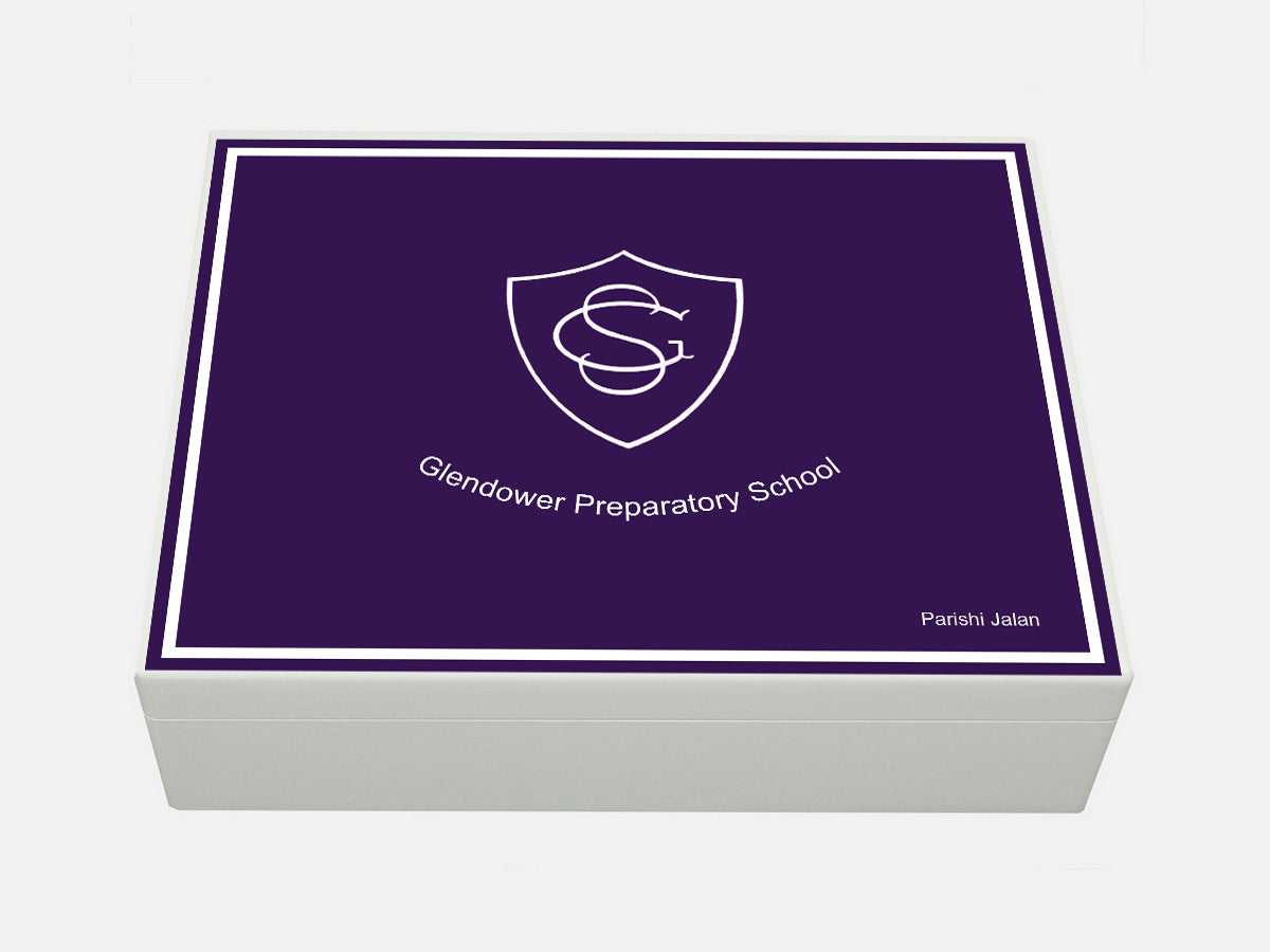 Glendower  School Memory Wood Box - A4 Box - Purple Top with Border - Personalised