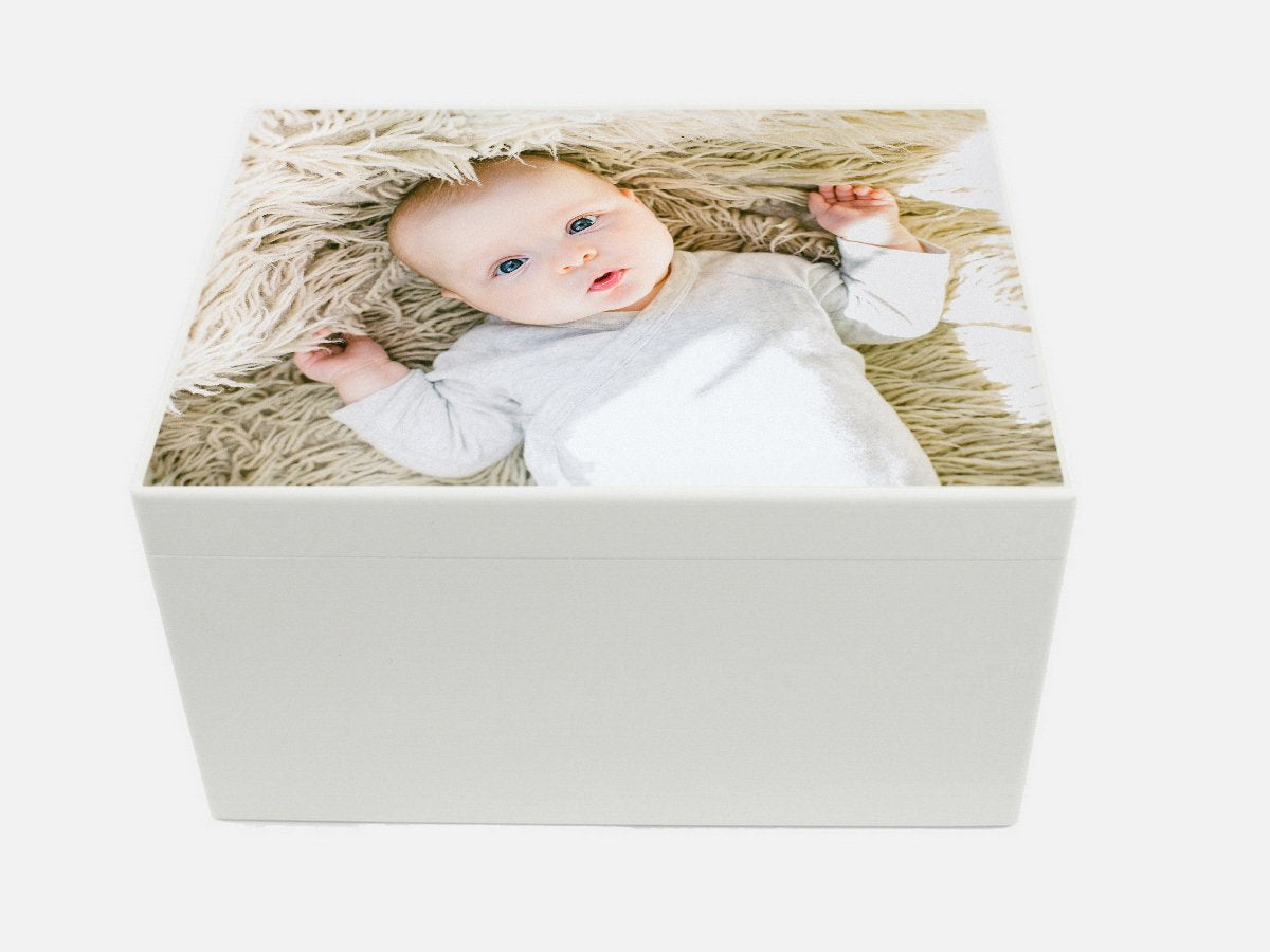 Personalised keepsake box luxury white with baby photo on top
