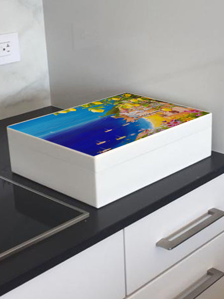 Positano artwork image on white A4 size wooden box   335 x 260 x 100 mm