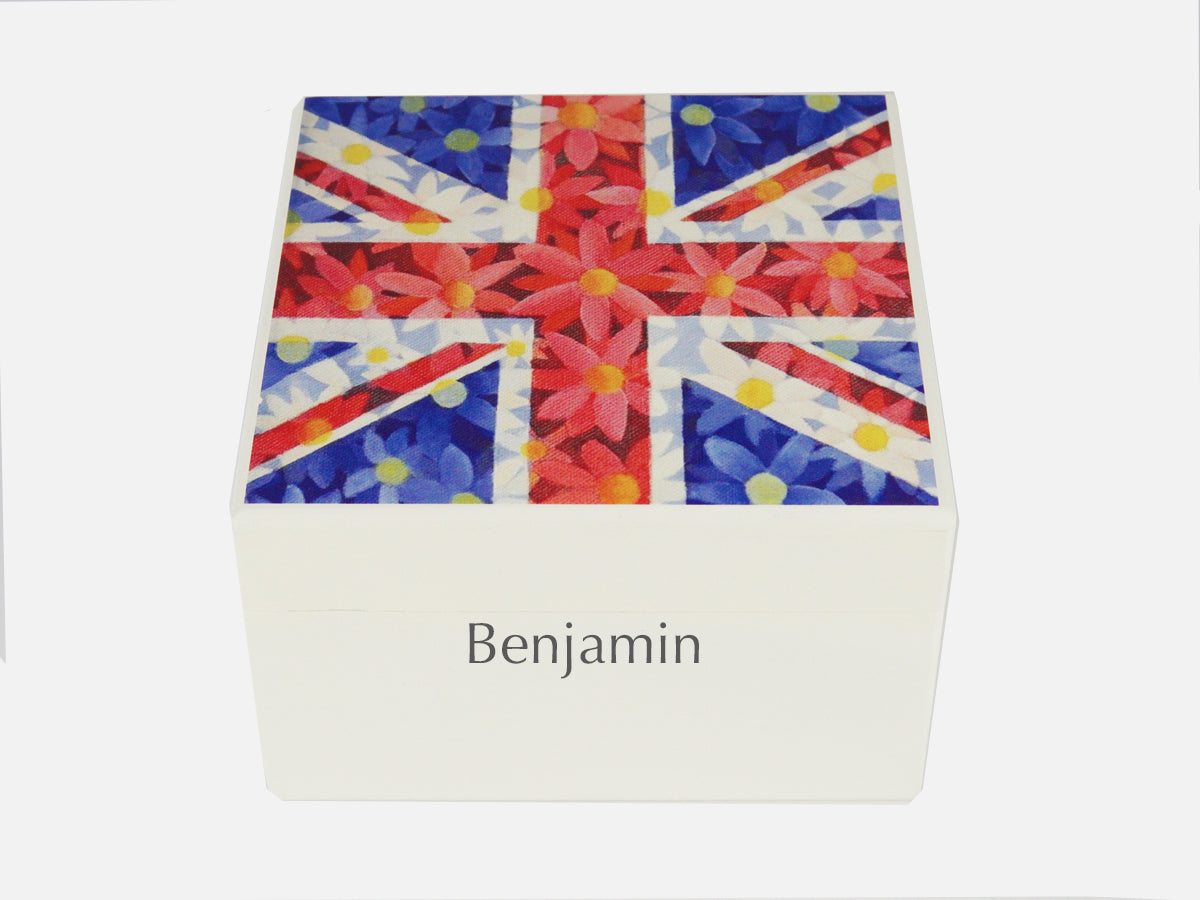 Personalised Gift Box with Union Jack Daisies artwork- Square wood box