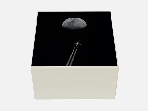 White Personalised  Fly to the moon Small Square Wooden Trinket Box