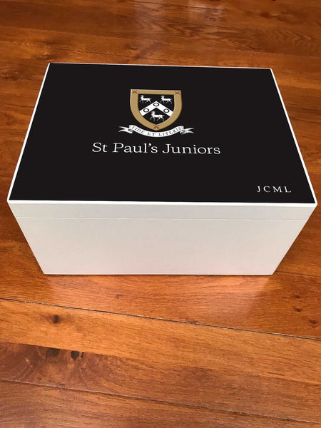 Junior School Logo - Personalised A4-sized St Paul's School Memory Wood box - A4 Chest - Black top