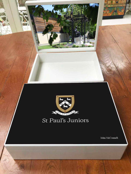 Juniors School Logo - Personalised A4-sized St Paul's School Memory Wood Box - A4 Box - Black top