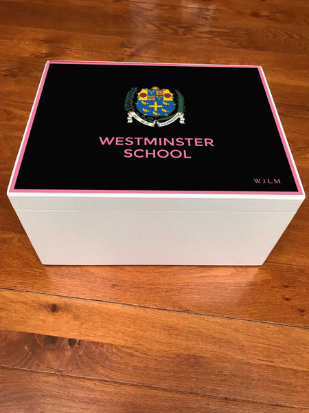 A4 Chest - Personalised Westminster Senior School  Memory Wood Box - Pink border
