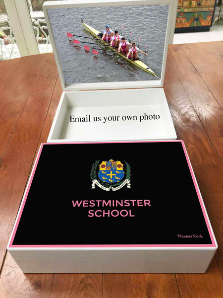 A4 box - Personalised Westminster  Under School Memory Wood Box - A4 Box - Pink border