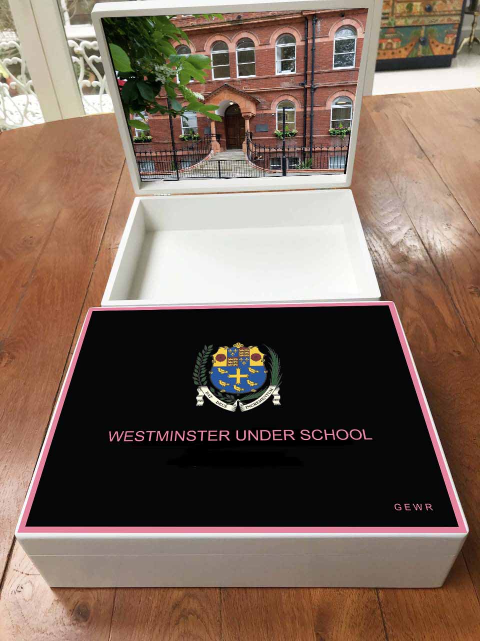 A4 box - Personalised Westminster  Under School Memory Wood Box - A4 Box - Pink border