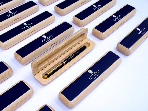 25 x Personalised School Maple Pen Case with Crest or Logo|Colour Top (from £7 per case + VAT)