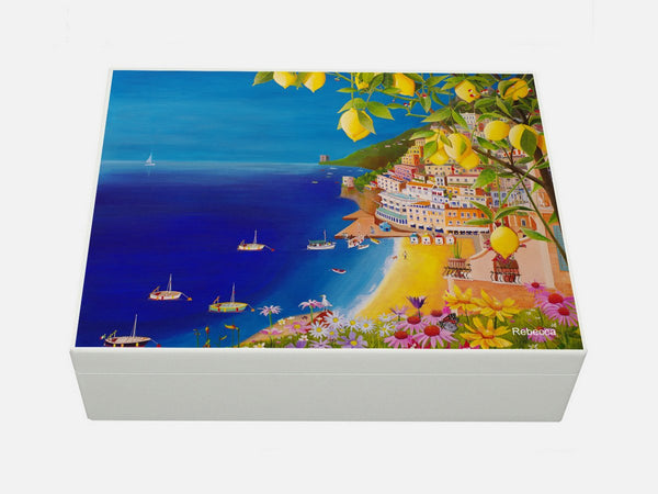 Positano artwork image on white A4 size wooden box   335 x 260 x 100 mm