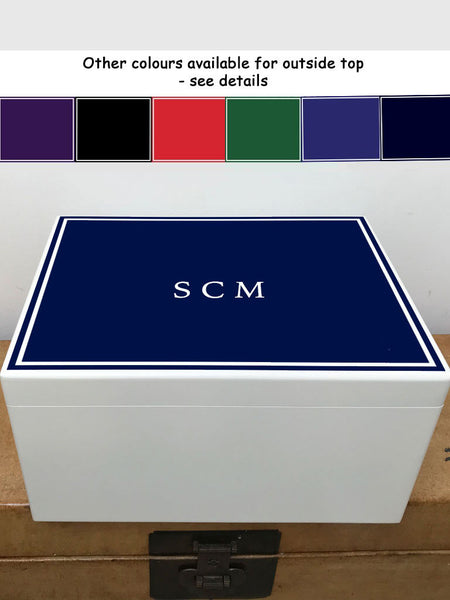 Extra Large A4 Size Colour Top (6 colours available) White Border White Wooden Chest  | Personalise with your initials or a name and your photo on the inside lid 335 x 260 x 180 mm