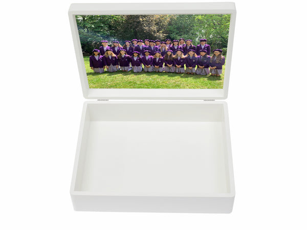 Glendower  School Memory Wood Box - A4 Box - Purple Top with Border - Personalised
