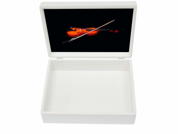 Violin on inside lid of wooden box file